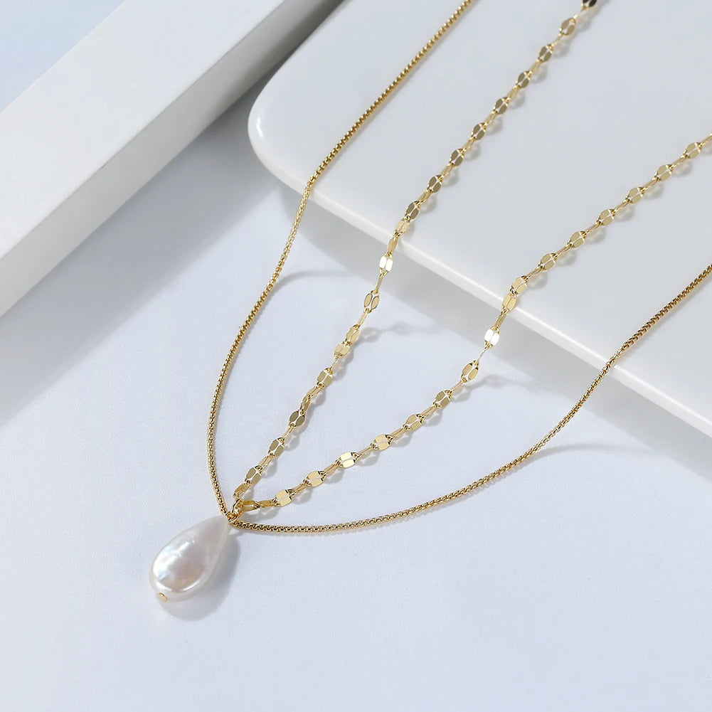 RINNTIN GPN15 Wholesale Box Chains Jewelry Double Layer Chain 925 Sterling Silver 14k Gold Plated Freshwater Pearl Necklace