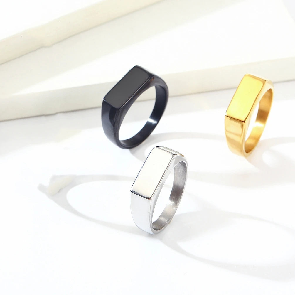 Simple Design Stainless Steel Blank Signet Ring Custom Laser Logo Silver Gold Black Dome Band Ring Rectangle Finger Ring
