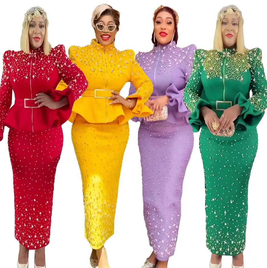 Africa Clothing Women's Suit Luxury African Dress Rhinestone Elegant African Dresses Mesh Fabric Dresses African Women