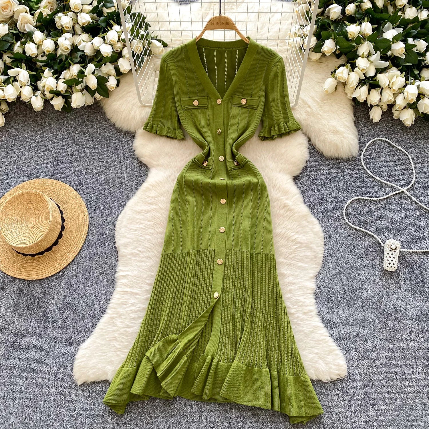 Dresses for Ladies LW1367 Vintage-Inspired Women'S Knit Dress With Flounce Hem - Elegant and Timeless Long Dress Ladies Clothes