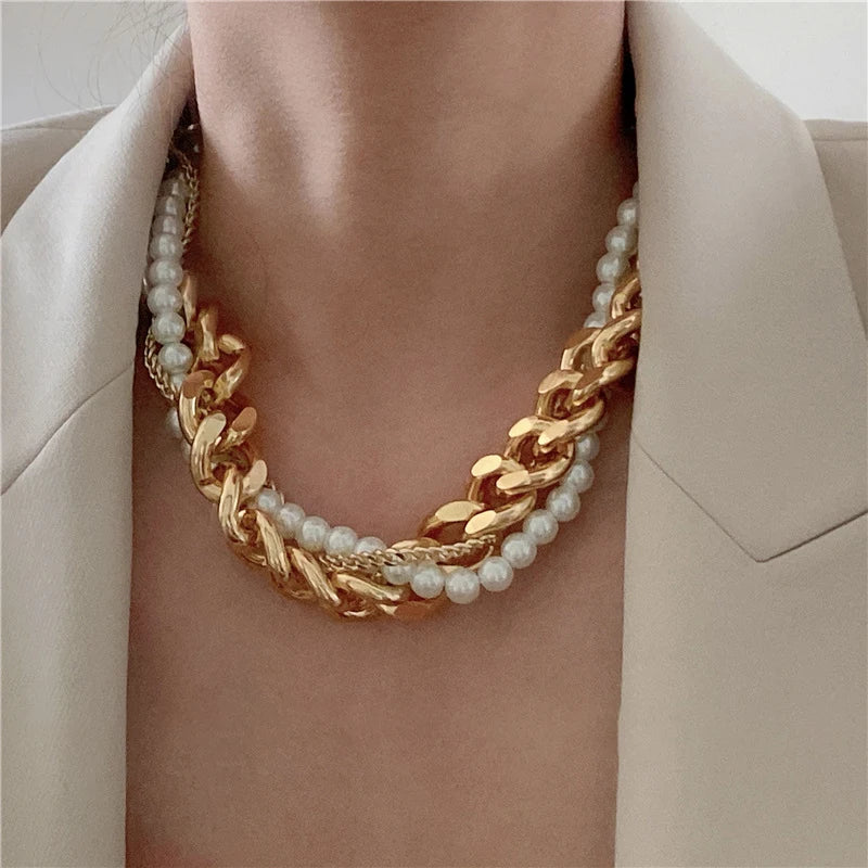 Triple Layered Twisted Beaded Pearl Necklace Wide Chunky Cuban Link Chain Necklaces for Women Punk Vintage Statement Jewelry Hot