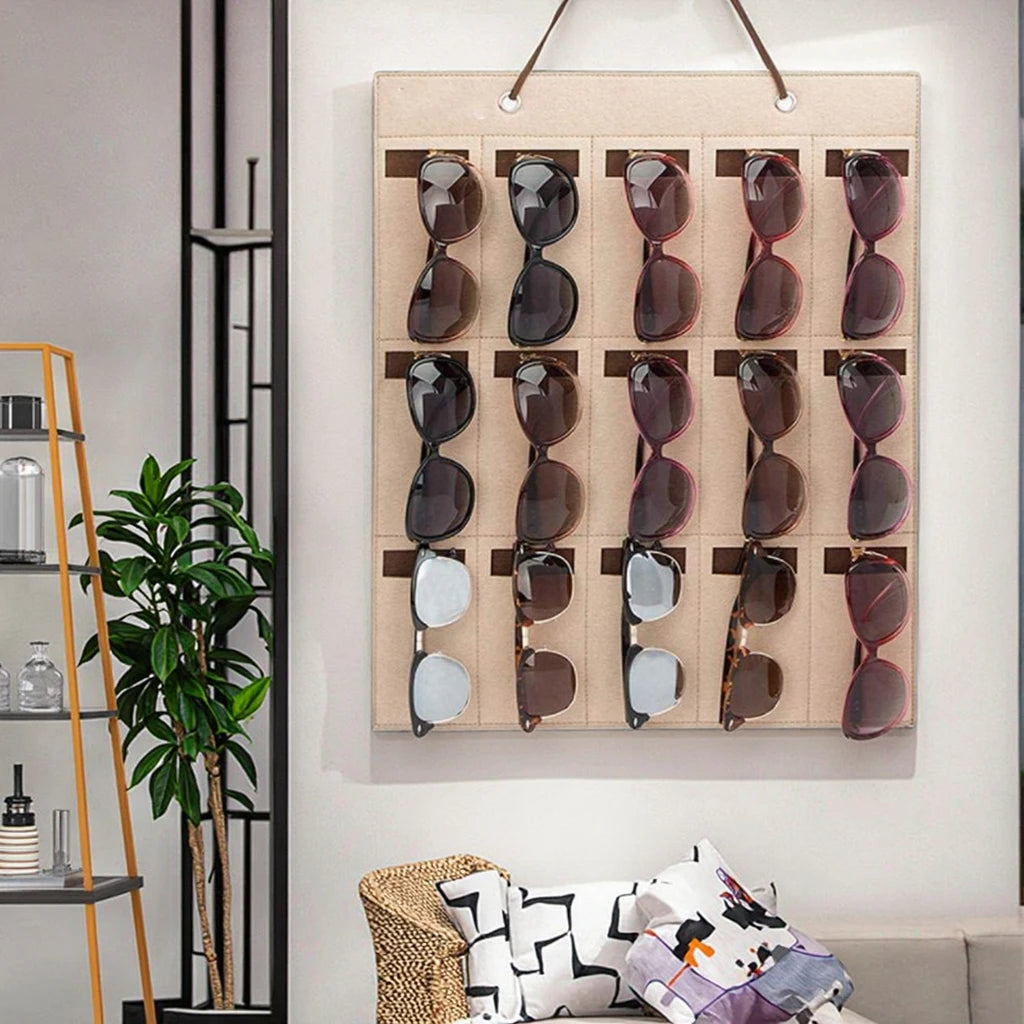 Wall Mounted Felt Sunglasses Organizer 15 Slots Glasses Storage Holder Hanging on Wall