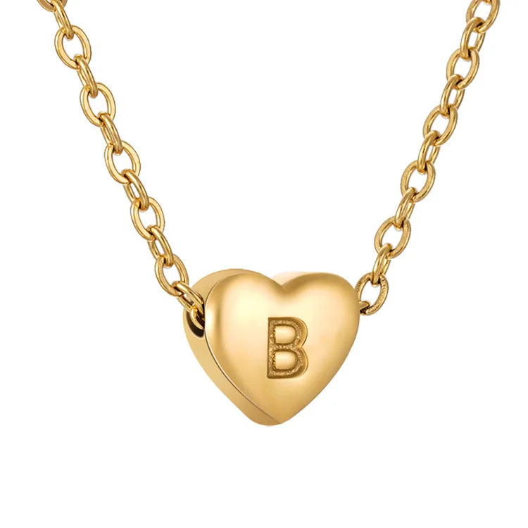 Dainty Heart Shape Tarnish Free Initial Letter Pendant Necklace Stainless Steel Alphabet Design Jewelry