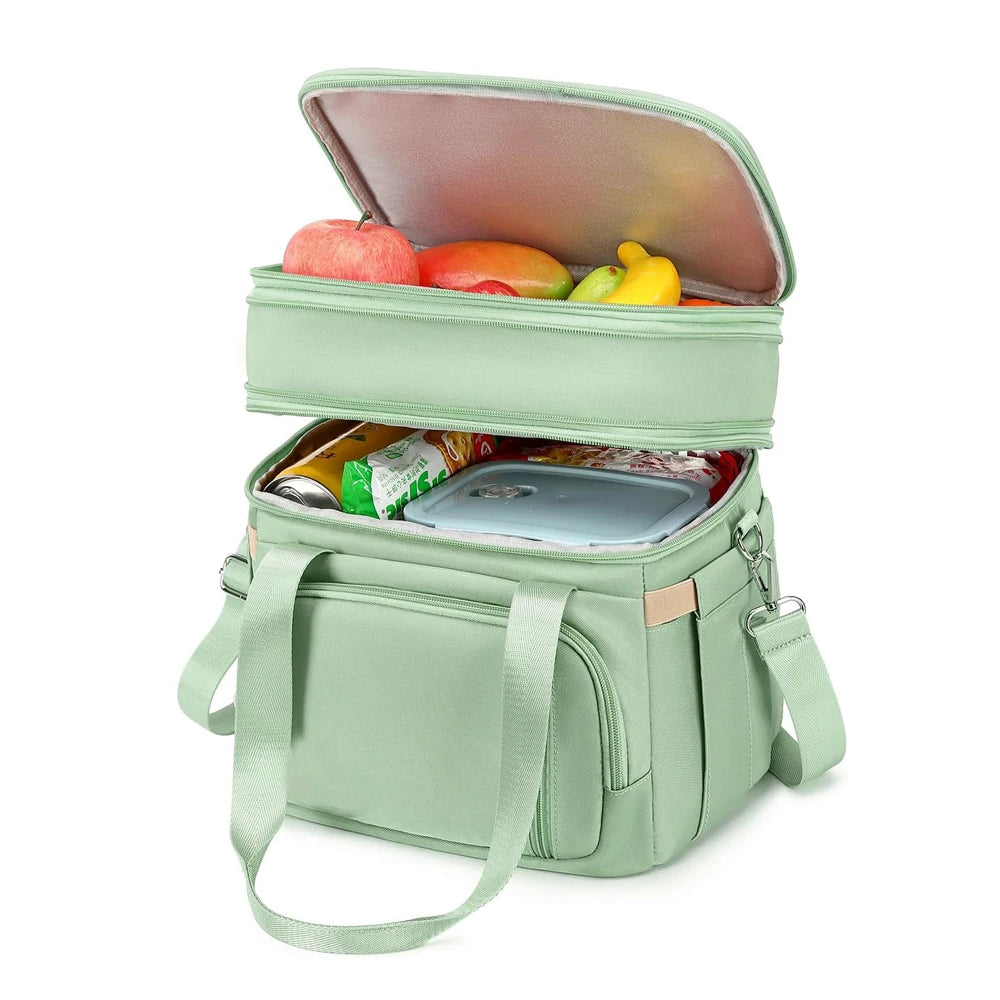 Double Deck Insulated Lunch Bag Large Leak Proof Tote Cooler Wide Open Dual Compartment Lunch Bags with Shoulder Strap