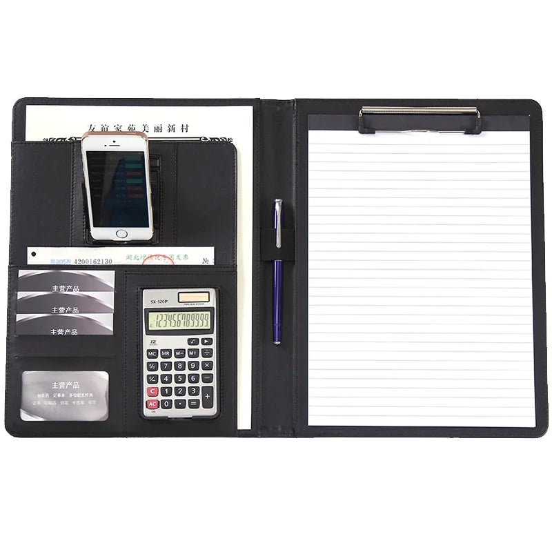 A4 Black PU Leather Clipboard Folder with Phone Holder Multi-Functional Business Conference File Folder for Filing Products