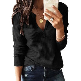 Women's V-Neck Waffle Knit Henley Tops Casual Long Sleeve Pullover Sweater Blouses
