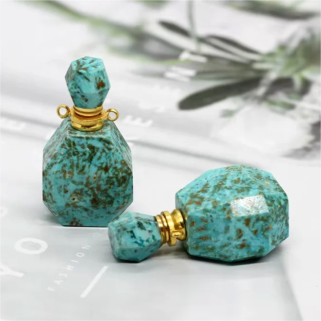 Women's Classic Natural Chrysocolla Faceted Crystal Stone Perfume Bottle Pendant Aromatherapy Diffuser Necklaces Gifts for Girls