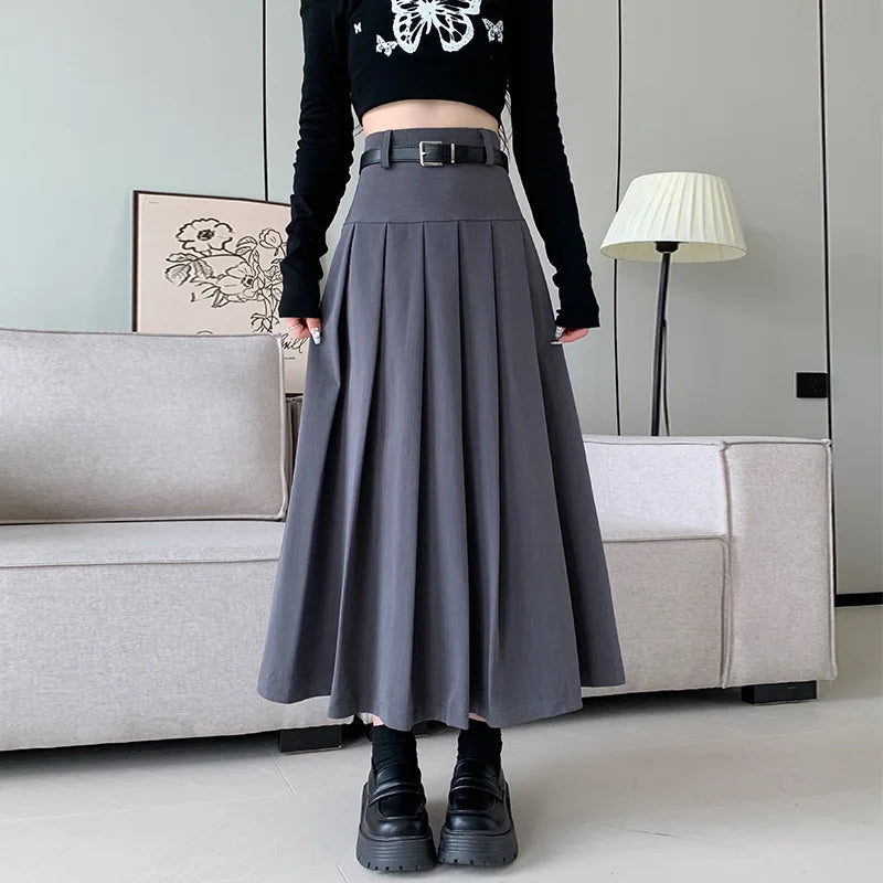 XS-XL Women's Autumn/Winter New Half Skirt Mid Length High Waisted Pleated Skirt Belt Ballet Swing A-line Skirt
