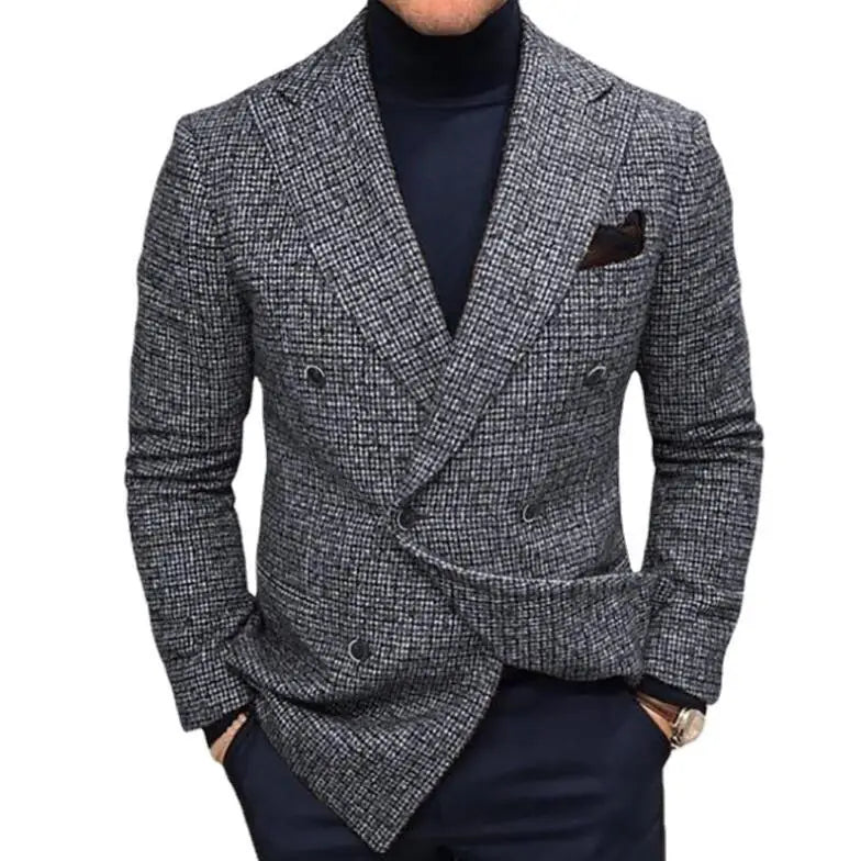 Autumn Winter Men Blazers Slim Fit Plaid Suits Jackets Male Long Sleeve Double-breasted Outerwear Business Casual Coats