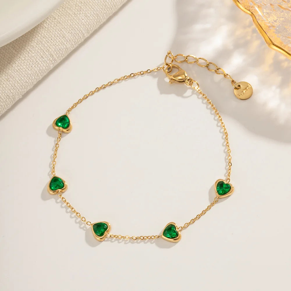 Emerald Green Zirconia Heart Bracelet Non Tarnish Waterproof Stainless Steel Dainty Jewelry Perfect Gift for Her