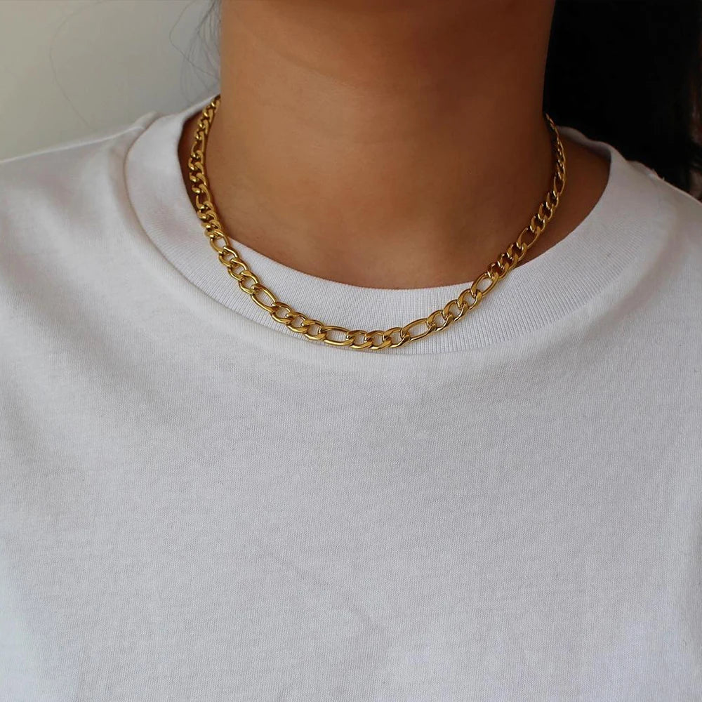 EManco Figaro Chain Link Necklace Hip Hop Stainless Steel 14k Gold Plated Chain Necklace for Women Mens Jewelry
