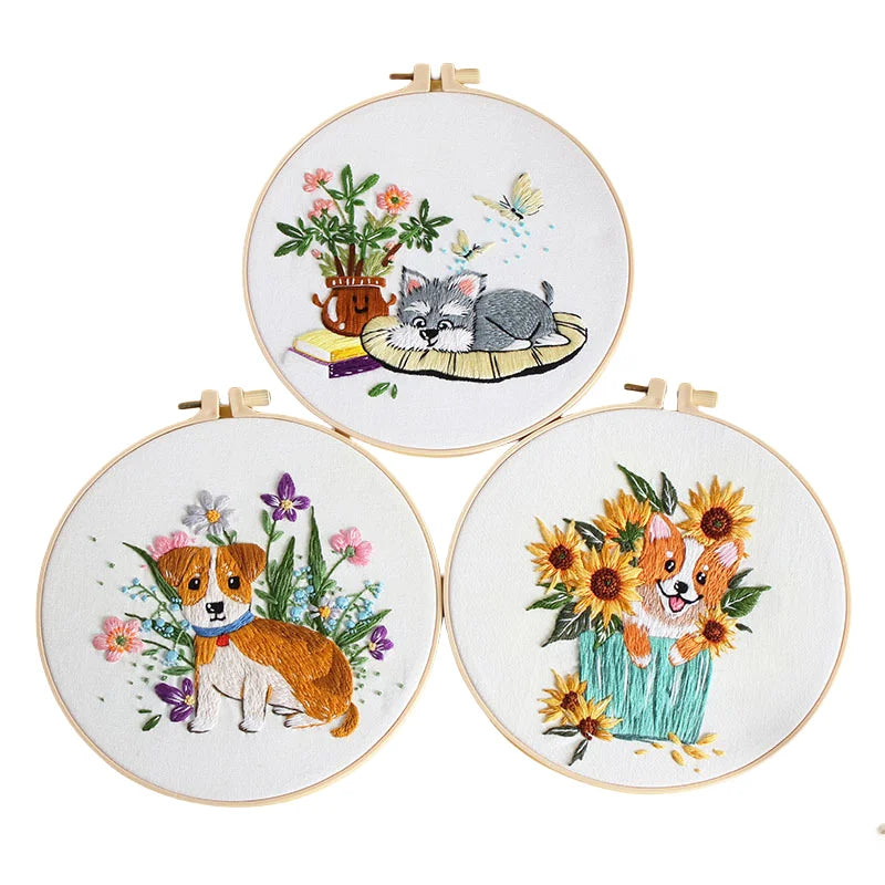 Pafu DIY Set Dog Embroidery Bamboo Kits for Beginners Adults Easy Embroidery Kit Adults Easy Embroidery Set