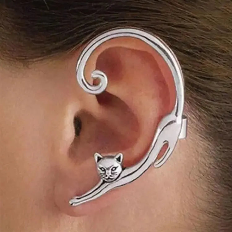 Punk Black Gold Cat Cuff Earrings Cartoon Stereoscopic Animal Cat Stud Earrings Silver Long Tail Cat Clip on Earrings for Women