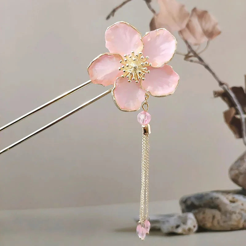 Pink Flower Tassel Hairpin Temperament Plate Hairpin Retro Hanfu Step Shake Hairpin Hair Accessories Hair Wholesale