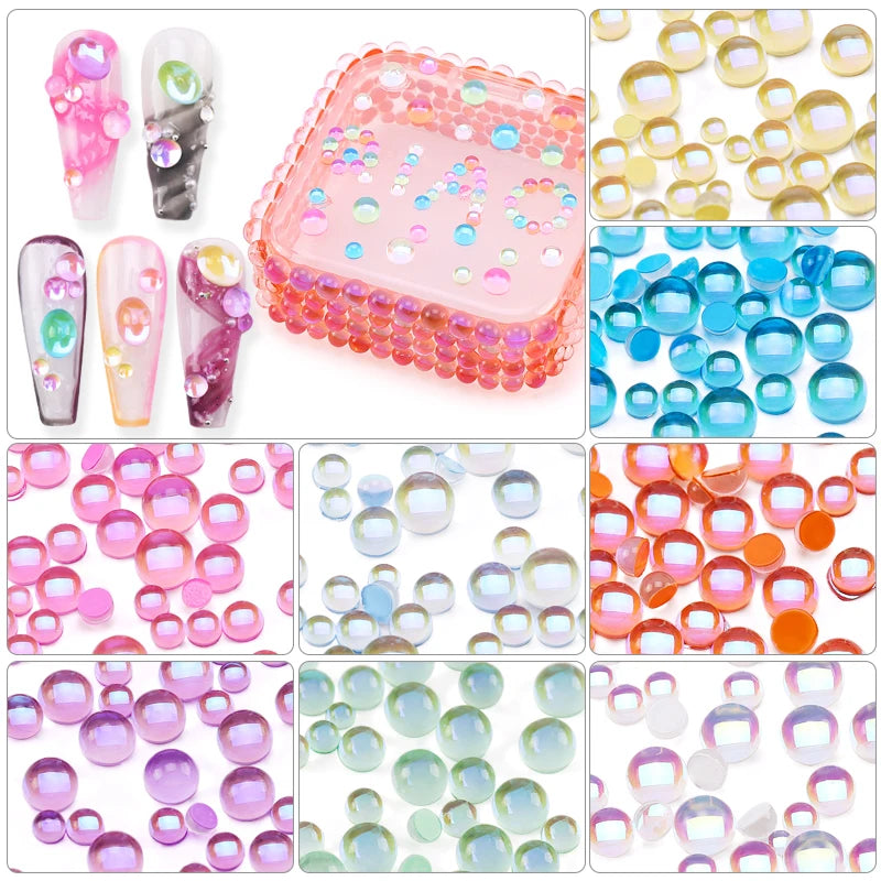 Bulk Package Half Round Smooth Mermaid Colored Mixed Size Glass Rhinestone for Decoration