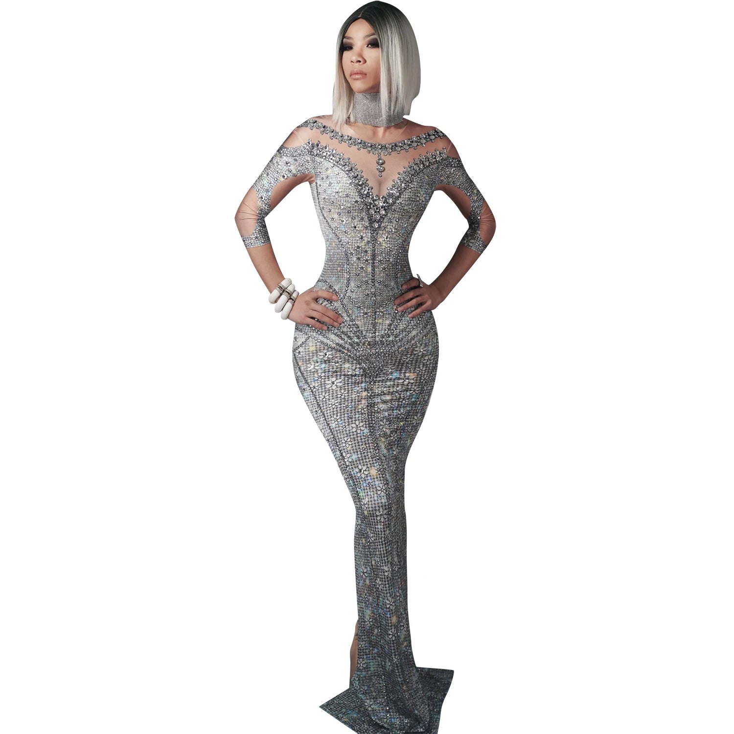 Elegant Half Sleeve Print Crystal Bodycon Bridesmaid Wedding Party Dress Ladies Rhinestones Evening Gown Women Prom Dresses
