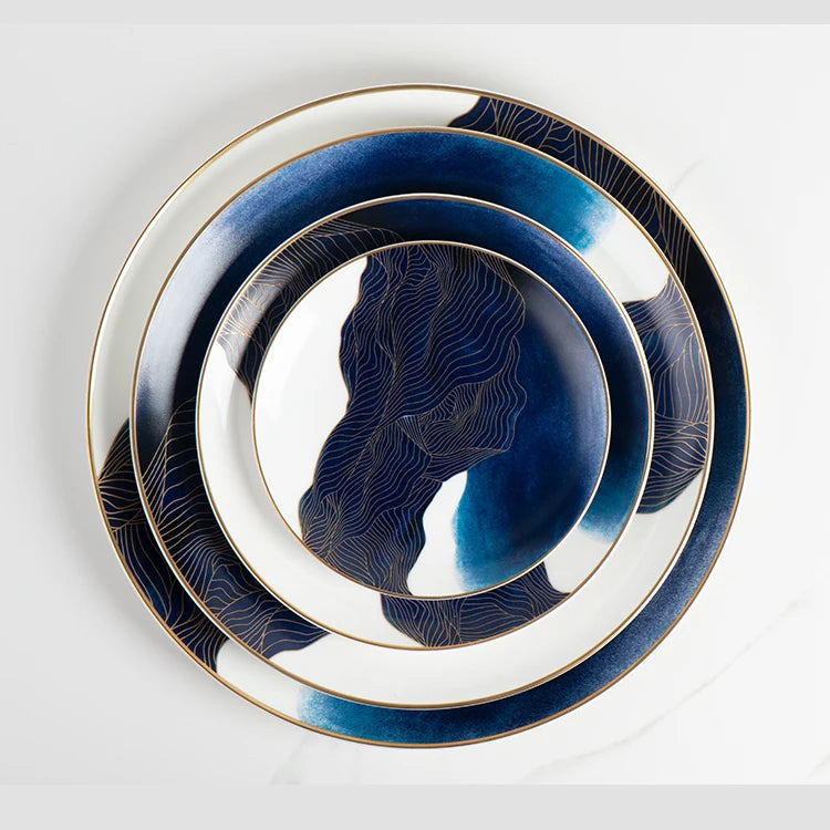 Wholesale Blue with Gold Rim Porcelain Dinner Plate Set
