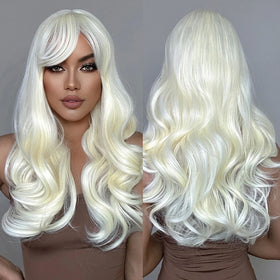 MOQ1 Long Wavy Warm Blonde Platinum Synthetic Wigs for Black Women Natural Hair With Bangs Heat Resistant Glueless Wig