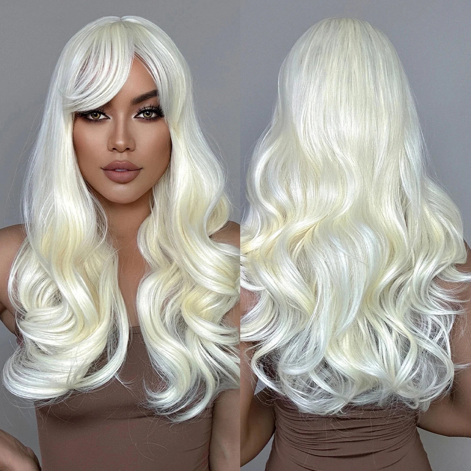 MOQ1 Long Wavy Warm Blonde Platinum Synthetic Wigs for Black Women Natural Hair With Bangs Heat Resistant Glueless Wig