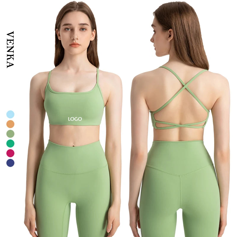 Custom Logo Plus Size Breathable Medium Support Sexy Cross Back Gym Workout Top Removable Padded Yoga Bra Women