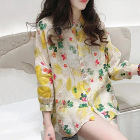 RNSHANGER Fashion Elegant Polo-Neck Printing Blouse Women's Clothing Casual All-match Button Loose Long Sleeve Shirt for Female