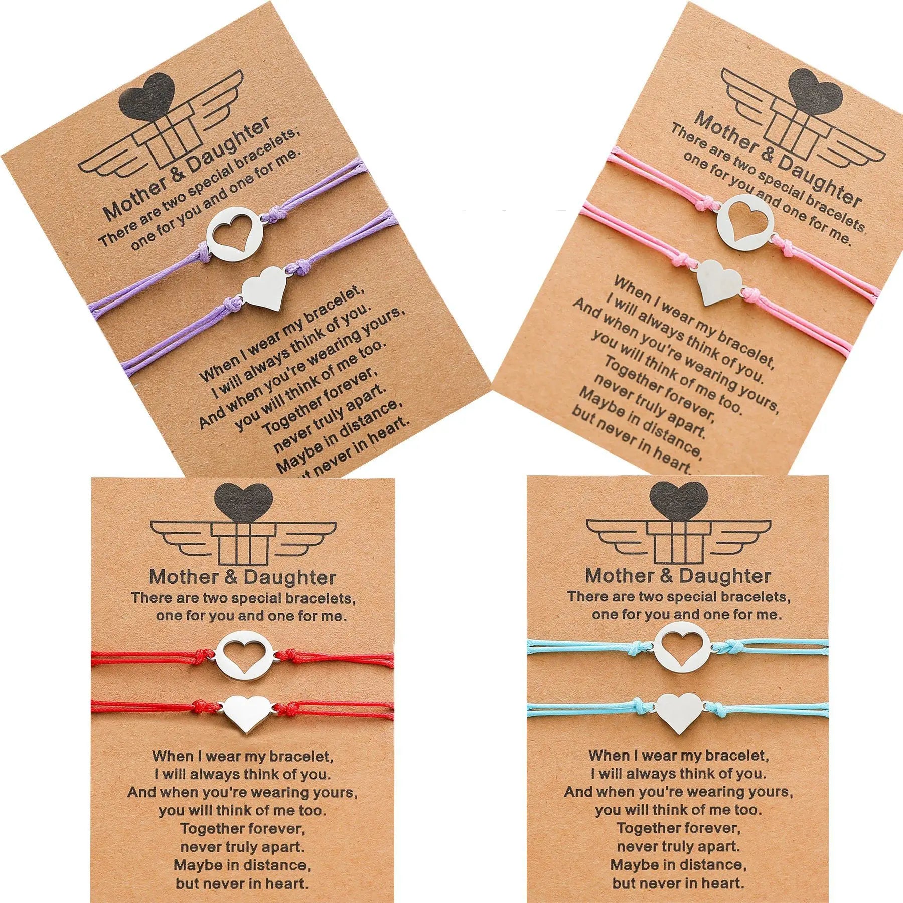 2Pcs/Set Mother Daughter Card Bracelet Set Adjustable Wax Cord String Stainless Steel Hollow Heart Bracelets