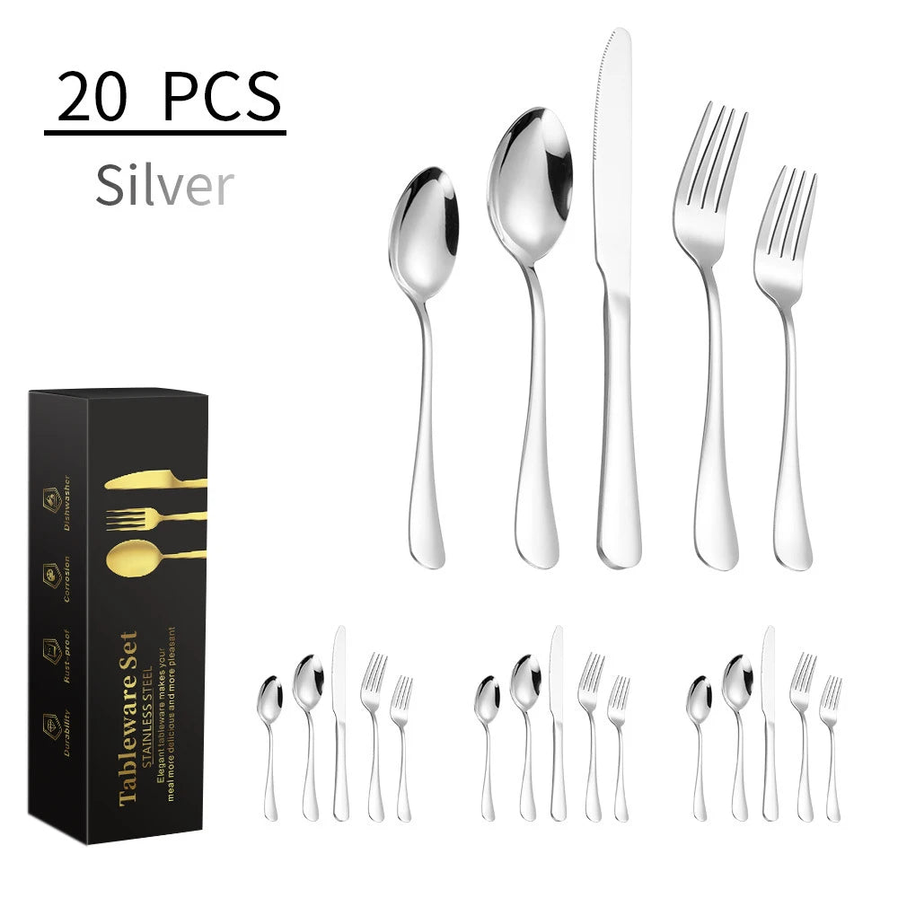 20-Piece Luxury Matte Modern Gold Silver Stainless Steel Metal Cutlery Set Eco-Friendly with Mirror Polish for Weddings Events