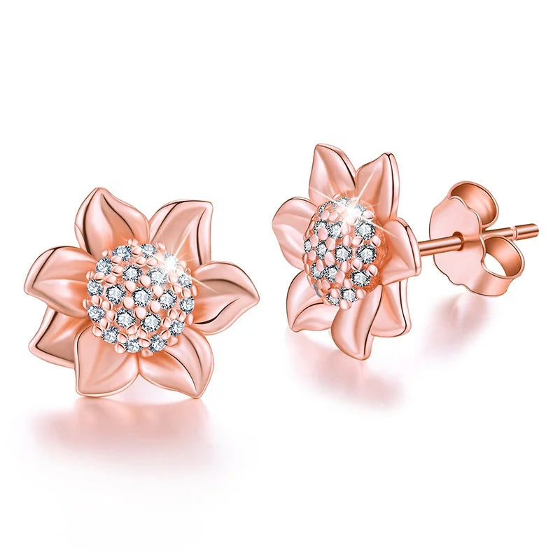 New Arrival 925 Sterling Silver 18K Rose Gold Plated Jewelry Delicate Sunflower Stud Earrings for Women