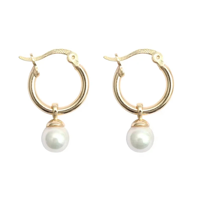 Dainty Elegant Korean Fine Jewelry Pearl Earrings Drop 925 Sterling Silver Pearl Hoop Earrings for Women Gold Plated