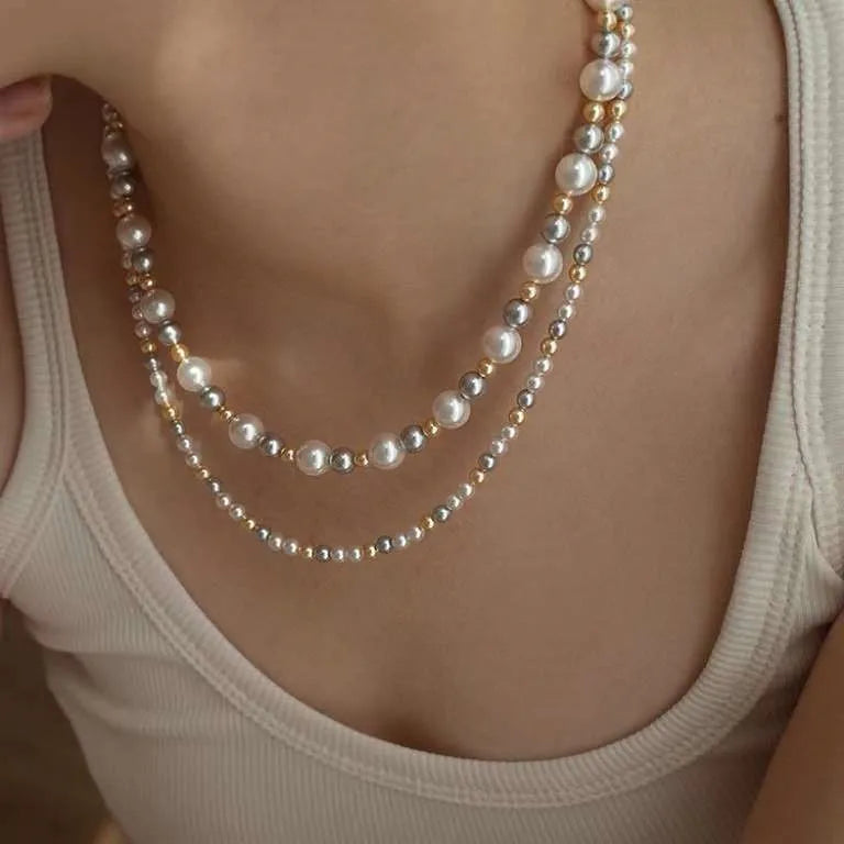 Two Optional Beautiful Artificial Pearl Jewelry Necklaces 40+5cm Long with 4mm and 4+6+8mm Mixed Colors Beads Chain Type