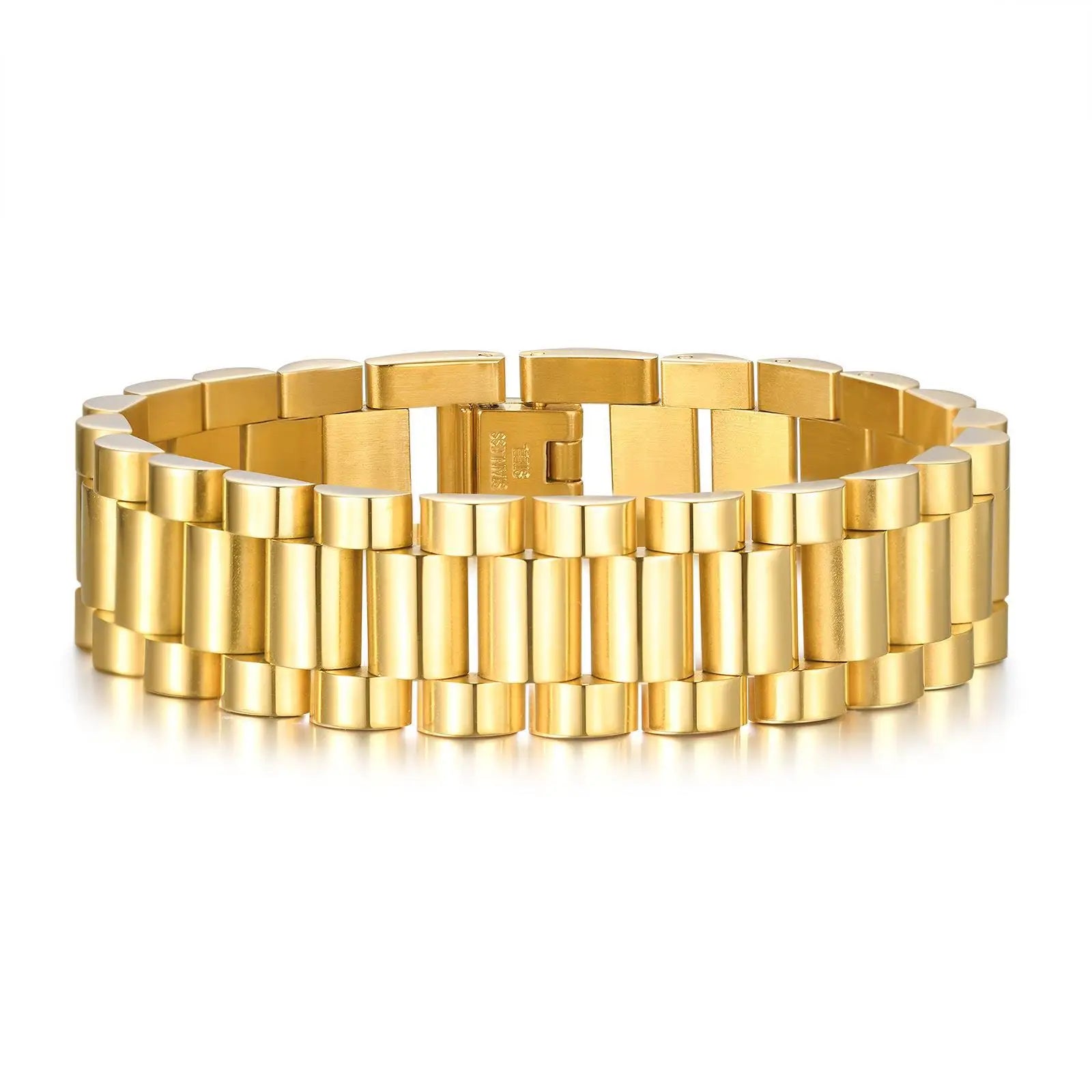 High Quality Stainless Steel Jewelry 18K Gold PVD Plated Watch Band Bracelet Rapper Jewelry Men Bracelet Punk Hip-hop Jewelry