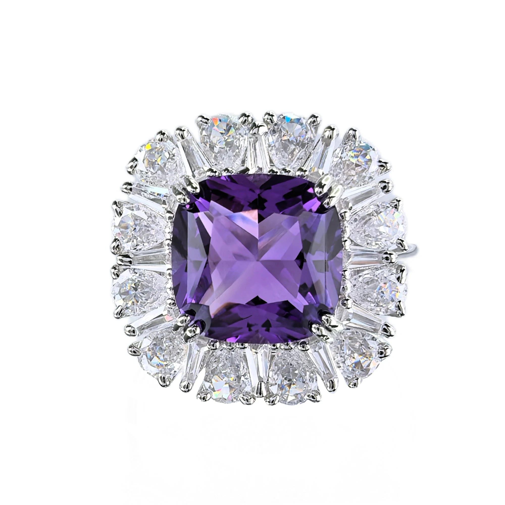 925 Sterling Silver Natural Amethyst Ring Sparkling Rhodium Plated Classic Style Fine Gemstone Wedding Party Ring for Women