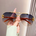 Retro Shades 2024 New Double Beam Cheetah Decorative Sun Glasses Rimless Cut Edge Metal Wood Grain Mirror Leg Sunglasses