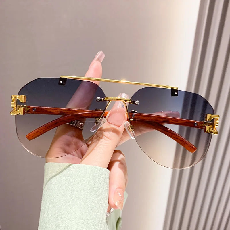 Retro Shades 2024 New Double Beam Cheetah Decorative Sun Glasses Rimless Cut Edge Metal Wood Grain Mirror Leg Sunglasses