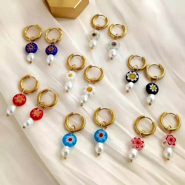 SC Gold Plated Fashion Earrings Venetian Murano Bead Jewelry Glass Flower Pearl Gold Hoop Earrings for Women