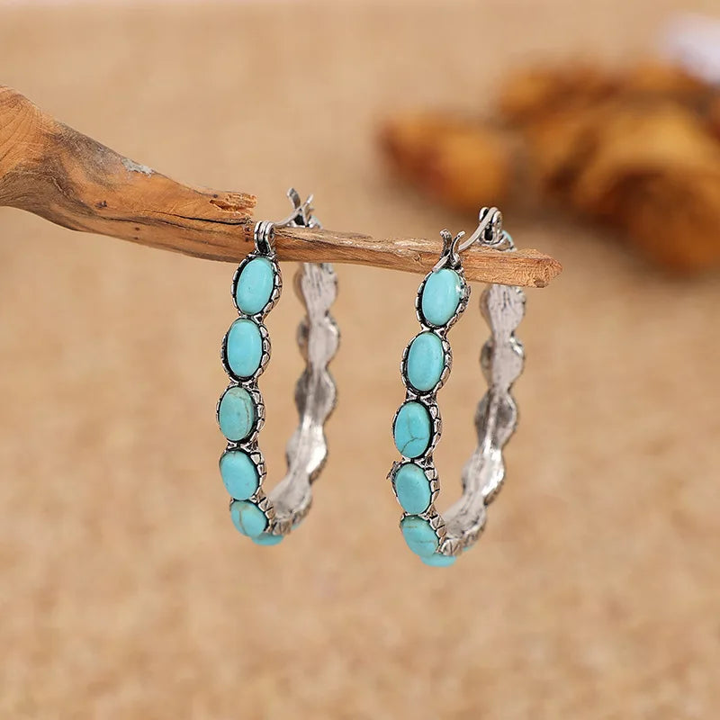 New Handmade Vintage Hoop Earrings Western Bohemian Turquoise Earrings for Woman