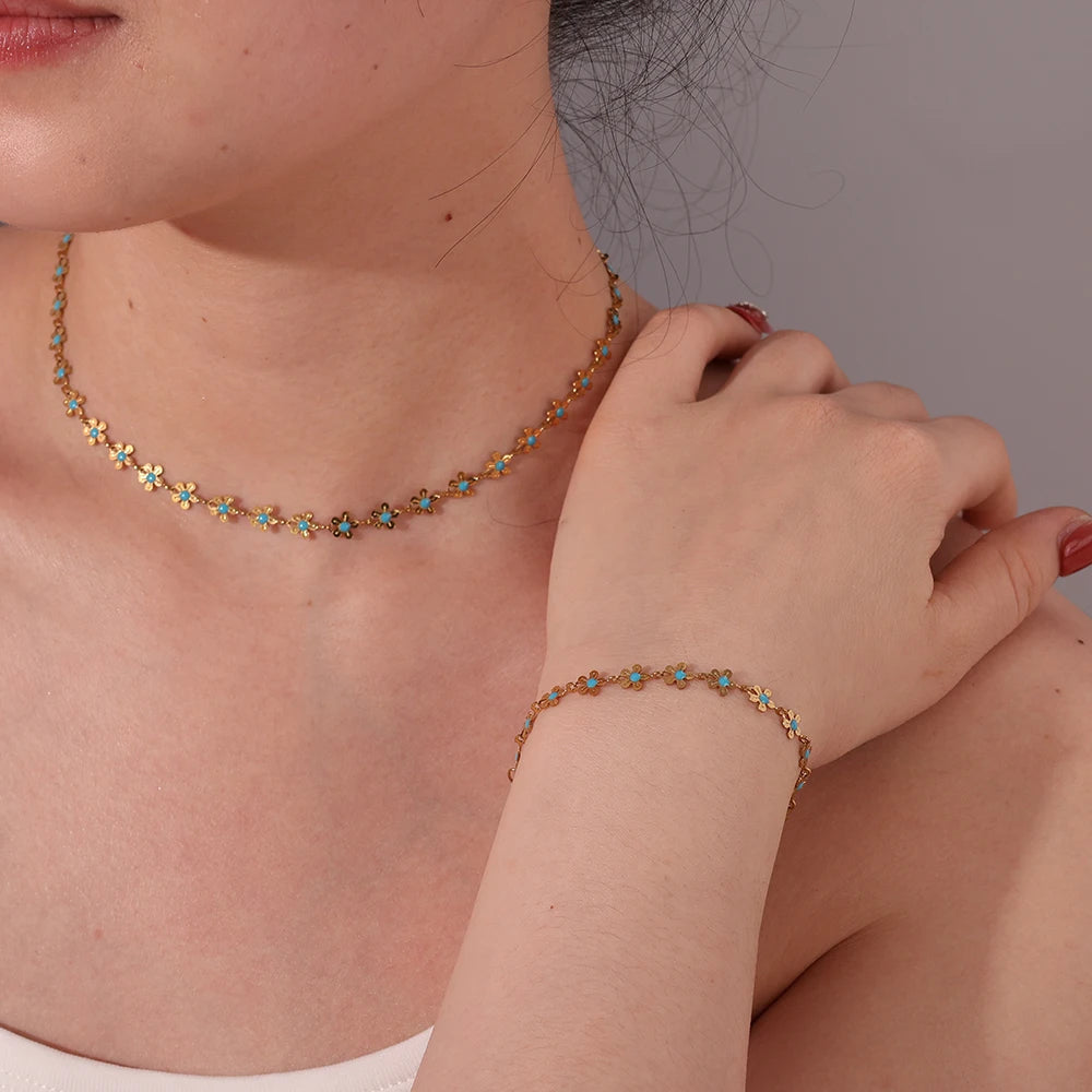 INS Pastoral Style Cute Enamel Flower Chain Necklace Stainless Steel Gold Plated Bracelets Jewelry Set for Women
