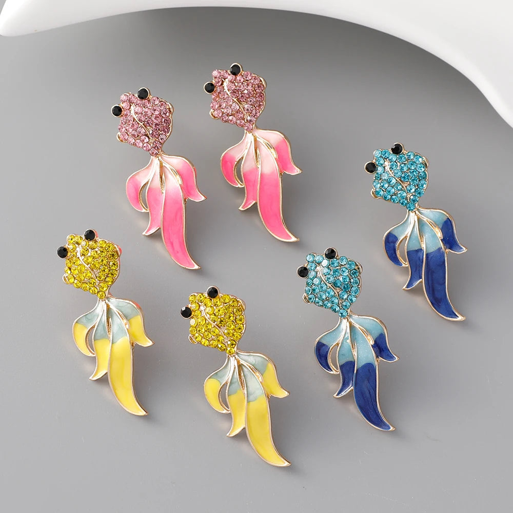 Luxury Rhinestone Fish Shaped Dangle Earrings Ladies Multi Colors Enamel Goldfish Stud Earrings