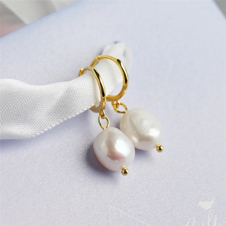 SP  925 Sterling Irregular Baroque Pearl Dangle  Earrings 925 Silver Hoop Pearl Earring