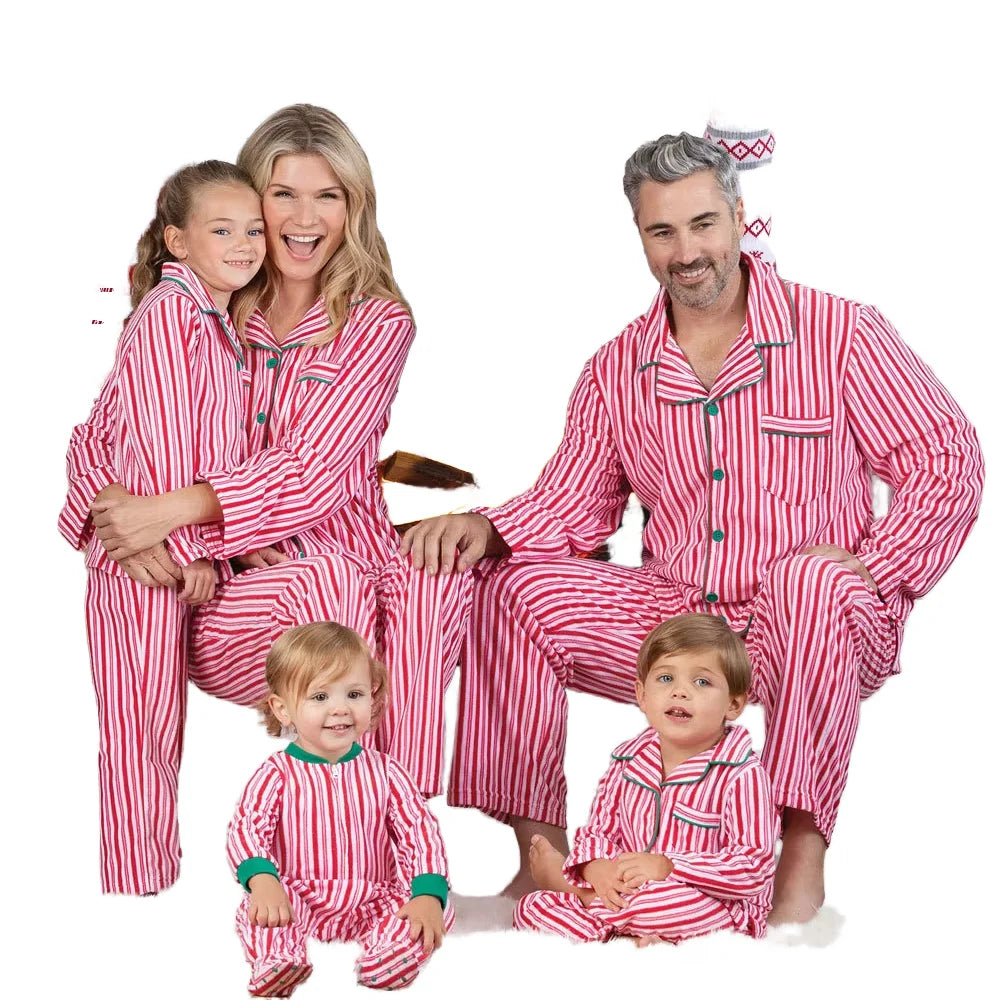 DDP Soft Striped Christmas Pajamas Outfits Long Sleeve Parent-Child Home Wear Turn-Down Collar Fashionable Family Christmas