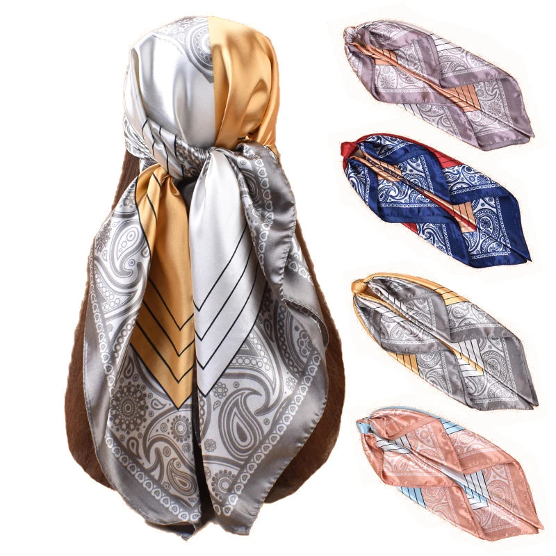 2025 New 90 Satin Cashew Flower Print Square Scarf Polyester Hair & Clothing Accessories Sunscreen Bandannas