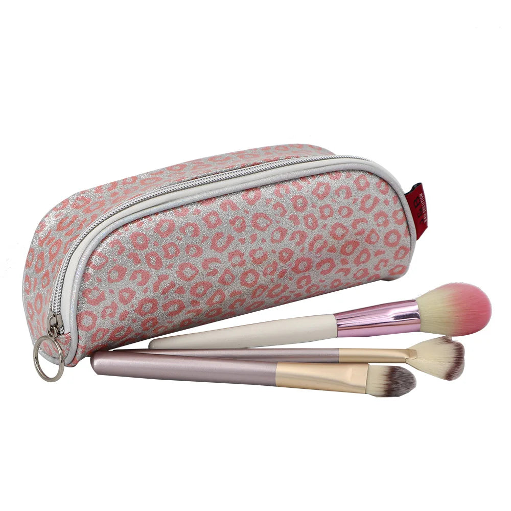 Glitter Lip Leopard Cheetah Printing Makeup Brushes Lipstick Pouch Bag with Silver Zipper Waterproof Sunglasses Holder Case