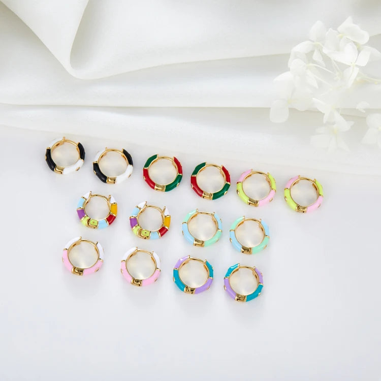 Wholesale Trendy Brass 14K Gold Plated Small Rainbow Huggie Earrings Enamel Colorful Bamboo Hoop Earring for Women Gift
