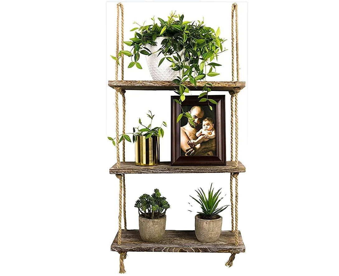 JUNJI Wood Hanging Shelf Wall Swing Storage Shelves 3 Tier Jute Rope Organizer Hanging Wood Shelf Rope Tier