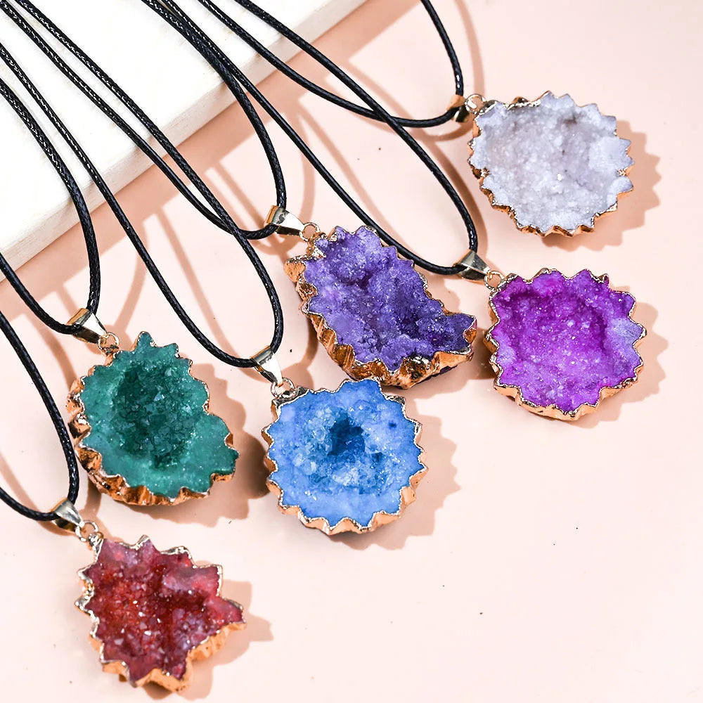 Wholesale Metal Enclosing Colorful Agate Sunflower Geode Slice Necklace Pendant
