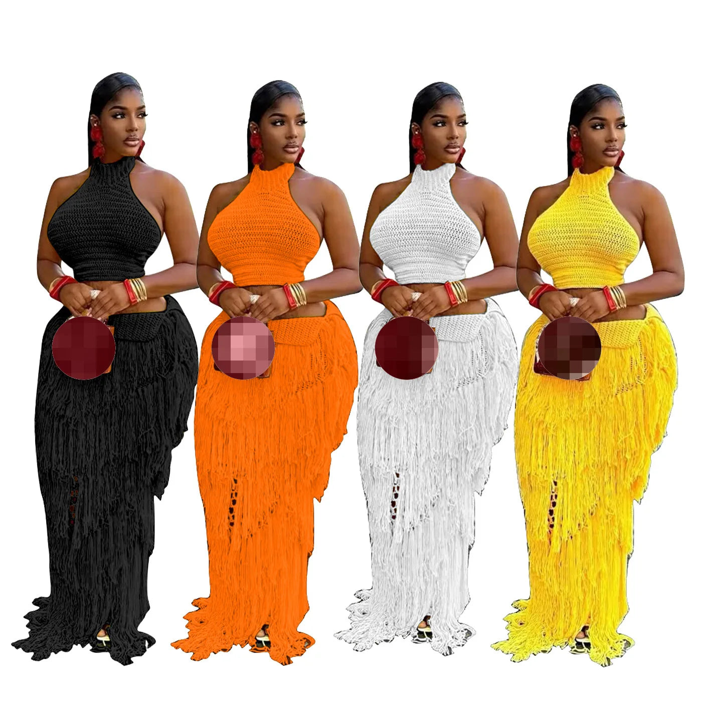 Summer Beach Wear Two Piece Set Women Sleeveless Stand O Neck Crop Top Maxi Tassel Skirt Women Two Piece Skirt Set