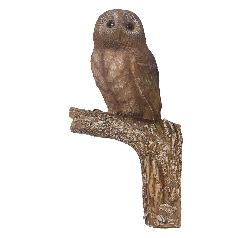 Realistic Brown Owl Resin Hanging Ornament with Wood Stump Perch Hand-Painted Feather Details for Garden Tree Decor