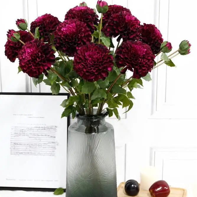 Home decorative 2 heads faux ball chrysanthemum artificial dahlia silk flowers for sale
