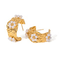 J&D 18k Stainless Steel Real Gold IP Plated Hammered Texture Flower C Shape Earrings Unique Style