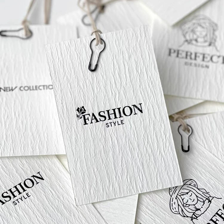 Luxury Custom Recycled Texured Paper Brand Apparel Tags with Custom Logo Double-Sided Embossed Gold Foil Hang Tag for Clothing
